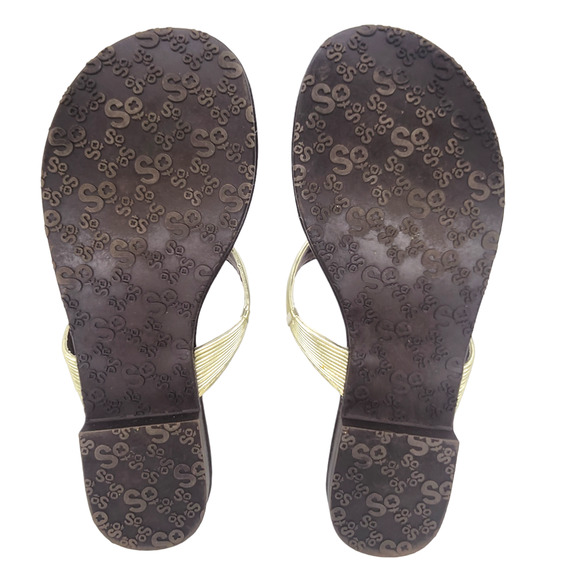 SO Sandals Womens 8 Gold Brown Strappy Summer Rubber Comfy Dressy Thong Flat - Picture 10 of 11